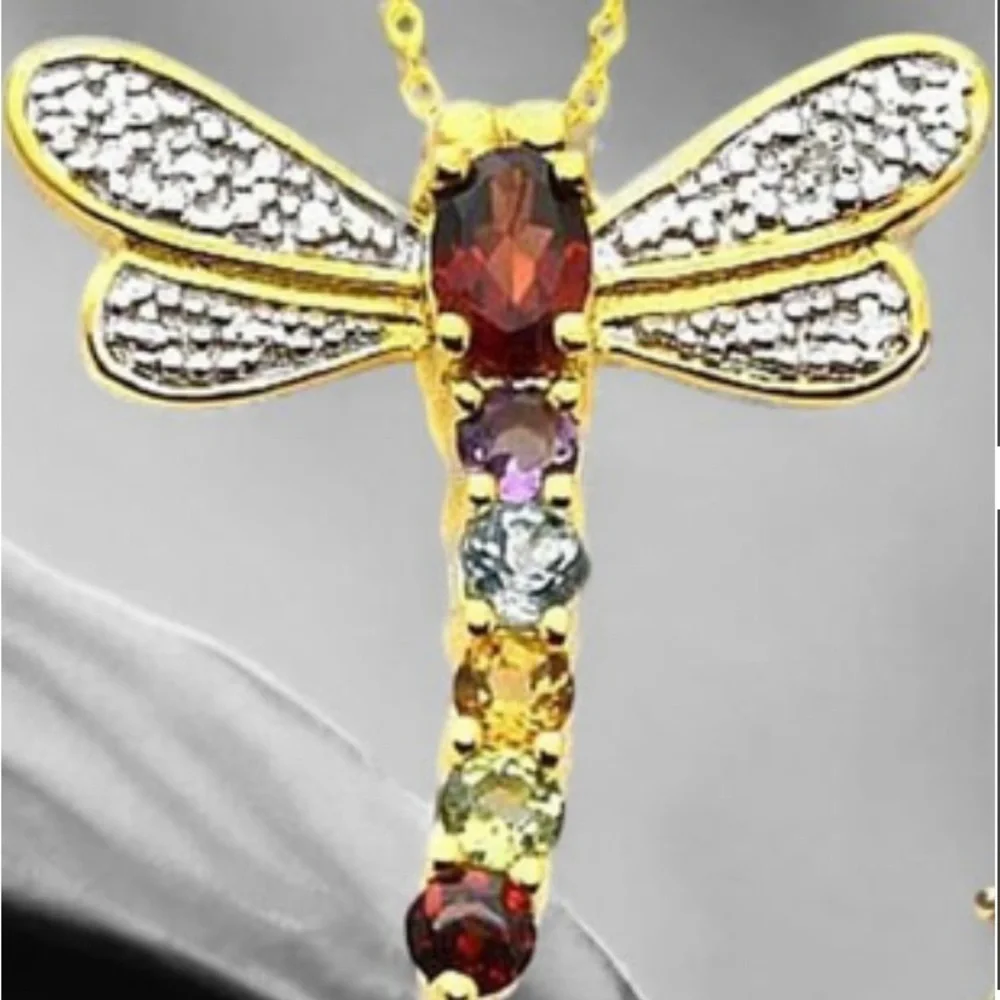 Multi-Gemstone 18kt‎ Gold Plated dragonfly pendant